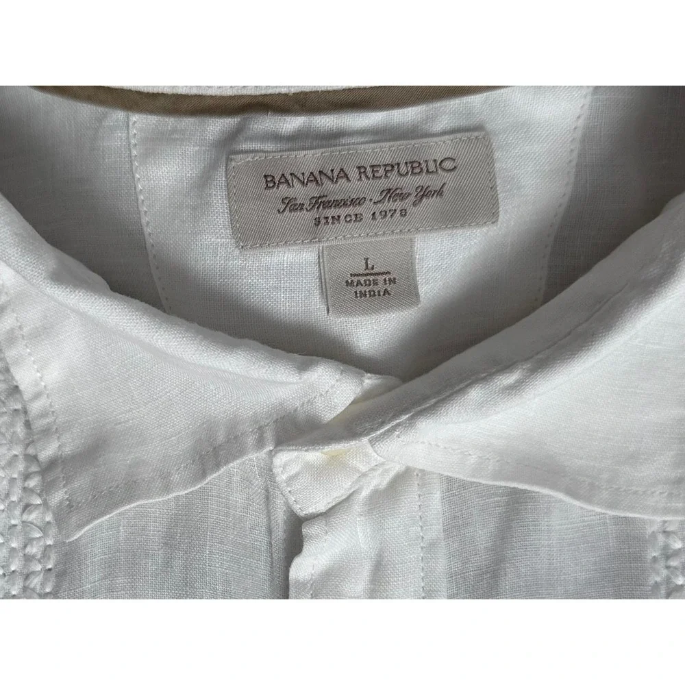 Banana Republic Mens White 100% Linen Pintuck Guayabera Shirt Large Short Sleeve